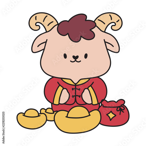 Chinese new year 2027 year of the Goat red and gold line art character, simple hand drawn asian elements with craft style on background. (Chinese translation: Happy chinese new year 2027, year of the 