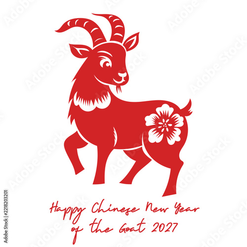 Chinese new year 2027 year of the Goat red and gold line art character, simple hand drawn asian elements with craft style on background. (Chinese translation: Happy chinese new year 2027, year of the 