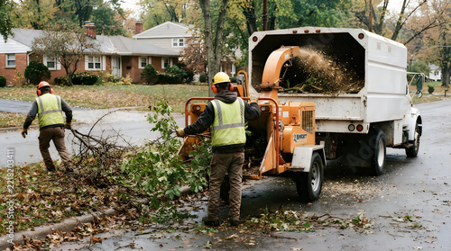 Workers feeding branches into wood chipper machine on residential street during tree trimming service