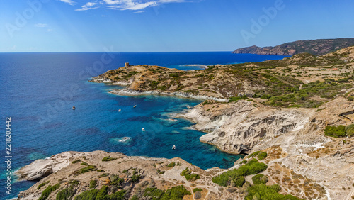 Scenic aerial drone flight landscape over the Mediterranean Sardinia Coast, between Alghero and Bosa, Italy, Europe	