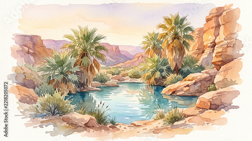Watercolor desert oasis scene with calm turquoise water palm trees and layered canyon cliffs glowing in warm sunset light with lush grasses