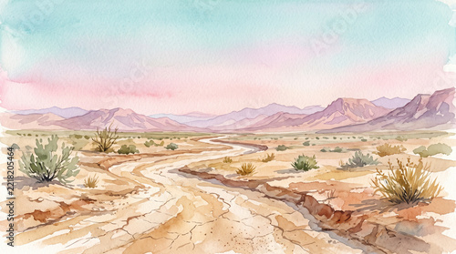 Watercolor painting of a winding dry desert riverbed with cracked sand sparse shrubs and layered mountains beneath a pastel blue and pink sky