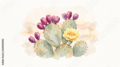 Botanical watercolor illustration of prickly pear cactus pads with purple fruit and a soft yellow blossom centered on a clean warm background