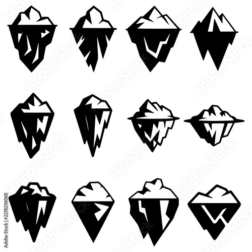 Black and white iceberg silhouette vector set, floating glacier icons, arctic and antarctic frozen mountain design elements