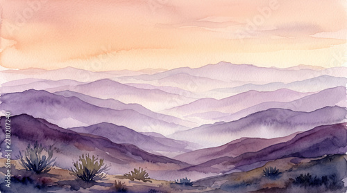 Layered watercolor mountains under a peach sky with misty purple ridges dark foreground shrubs and a serene minimalist desert landscape