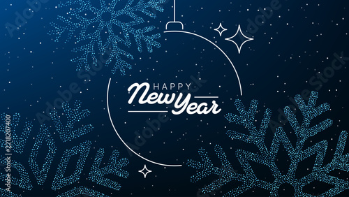 Happy New Year greeting with dotted snowflakes and stars on a dark blue background. Christmas and New Year holiday celebration. Festive seasonal greeting card design.