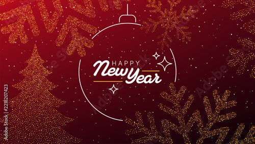 Happy New Year greeting with dotted Christmas tree and festive foliage. New Year holiday celebration. Seasonal greeting card and party invitation. Decorative vector design.