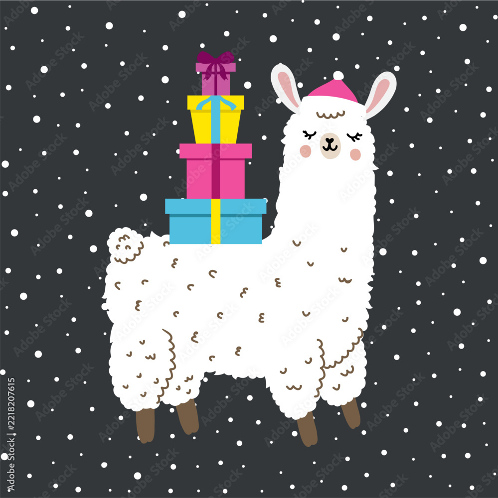 Fototapeta premium Llama or alpaca with santa hat and Christmas gifts. Christmas card