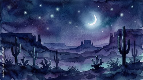 Dreamy watercolor night desert landscape with a glowing crescent moon starry indigo sky cactus silhouettes and layered canyon mesas in cool tones