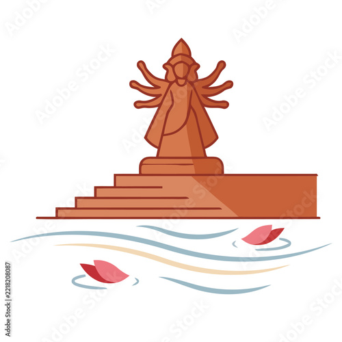 Goddess Durga idol immersion ritual at river ghat with floating flower petals vector illustration.