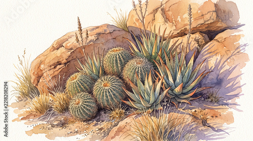 Detailed watercolor study of cacti and succulents with barrel cactus spiny textures agave leaves grasses and warm desert rocks in natural light