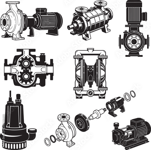 Industrial water pump vector icons set, mechanical centrifugal and diaphragm pumps, engineering equipment illustrations for technical schematics