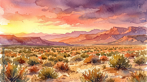 Golden watercolor sunset over a desert plain with purple mountains dramatic clouds and richly textured shrubs across a warm expansive landscape