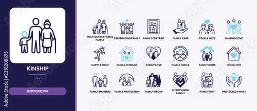 Set of thin line icons representing various family members and relationships for social and community design projects