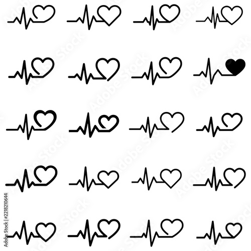 Heartbeat line icon set, EKG pulse with heart shape vector design