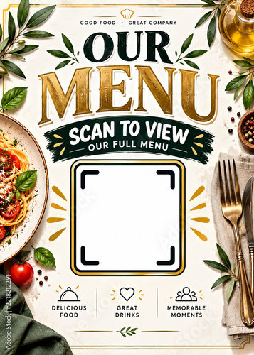 Elegant Restaurant QR Menu Sign with Blank QR Code Placeholder