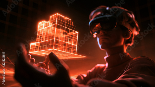 Architect Wearing VR Headset Interacting with Holographic Building Model