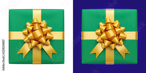 Square green gift box with a shiny gold ribbon bow decoration