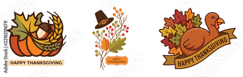Set of three cute watercolor thanksgiving illustrations featuring a pumpkin a pilgrim hat and a festive turkey bird