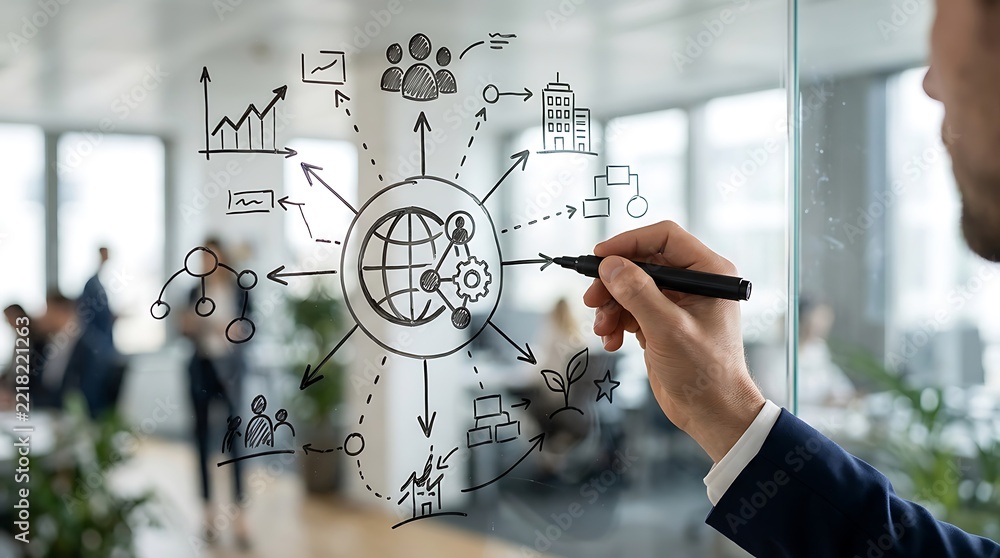 Obraz premium Business professional drawing a global network connection diagram on a glass wall in the office.
