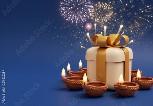 Diwali Gift Box With Golden Ribbon Surrounded by Diyas and Festive Fireworks Celebration