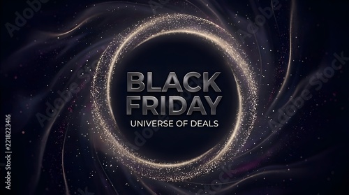Black Friday Universe of Deals Banner Design with Swirling Galaxy Vortex Effect.