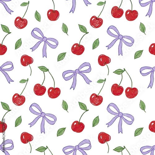 Cute cherry and ribbon bow seamless pattern on white background
