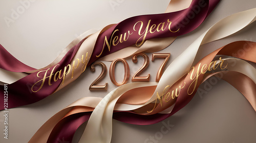 Happy New Year 2027 background featuring luxury metallic numerals and elegant flowing satin ribbons