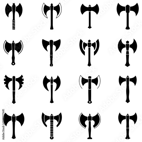 Set of black axe icons vector illustration, battle axe silhouettes on white background