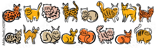 A collection of funny hand-drawn cats of different breeds in doodle style