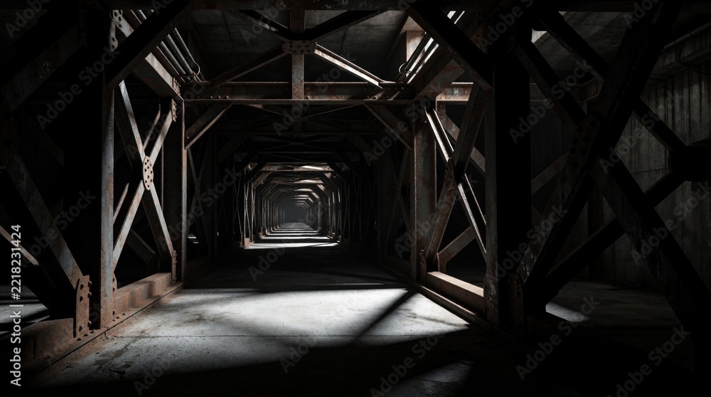 Fototapeta premium Dark symmetrical industrial tunnel with metal structures, heavy iron beams. Rusty steel framework creates deep perspective in abandoned underground passage. Dim light hits concrete floor in gloomy