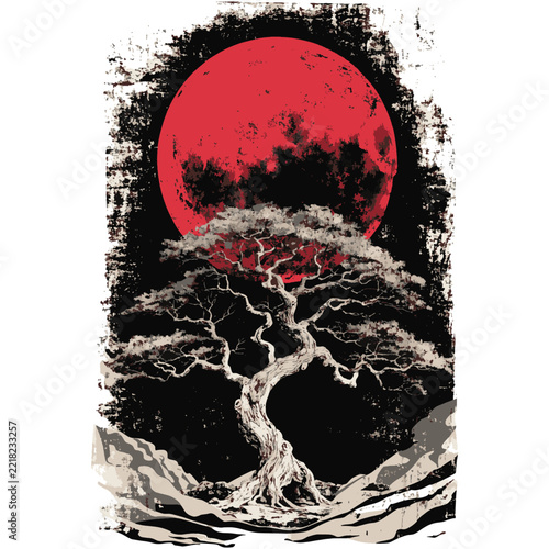 Japanese Bonsai Tree Vintage Screen Print Illustration - Distressed Red Sun Oriental Nature Art for T-Shirt Design, Asian Landscape Graphic, Retro Minimalist Poster
