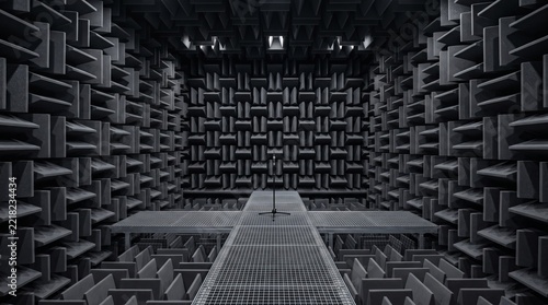 Anechoic soundproof acoustic chamber interior with dense foam wedges, central metal walkway, and isolated microphone stand in dark symmetrical testing room