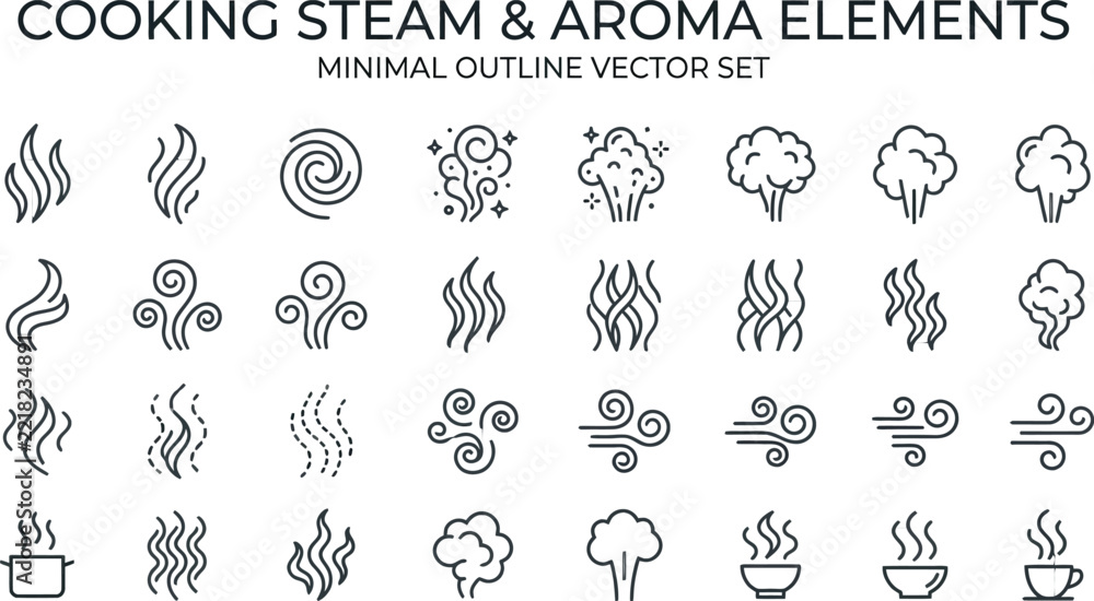 Fototapeta premium Minimal cooking steam and food aroma outline vector elements set with elements