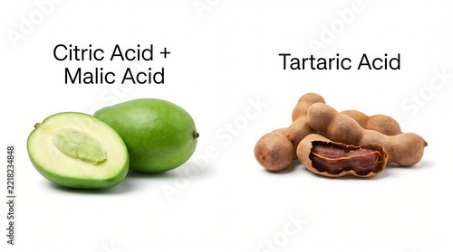 Educational science graphic showing citric acid malic acid in green mango and tartaric acid in tamarind pods
