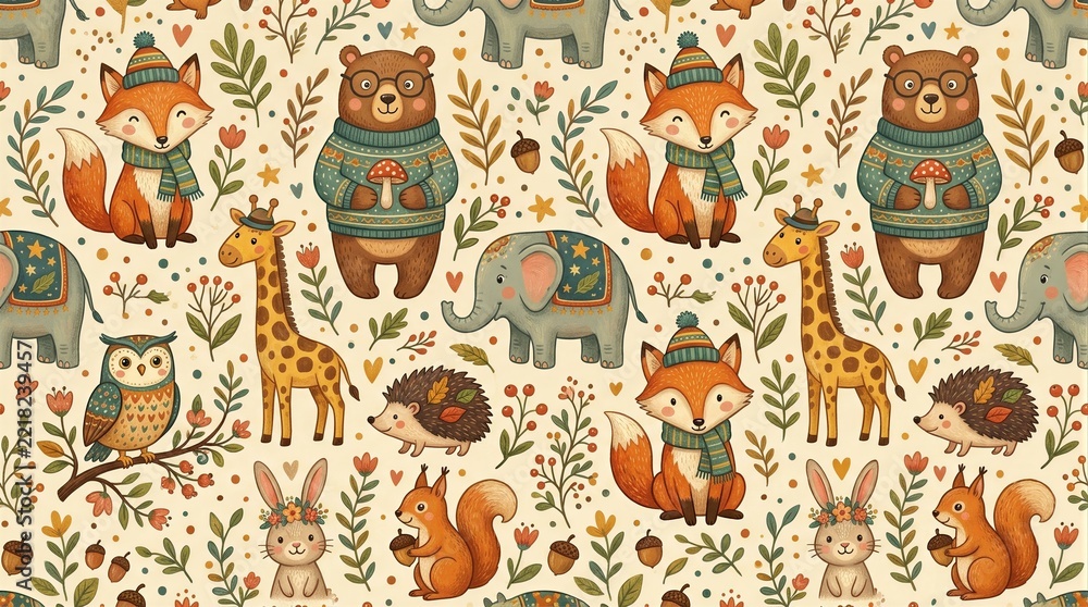 Fototapeta premium Woodland animals illustrated in repeating pattern wallpaper