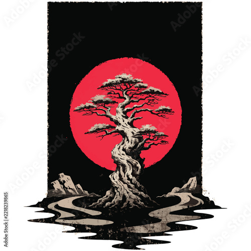 Japanese Bonsai Tree Vintage Screen Print Illustration - Distressed Red Sun Oriental Nature Art for T-Shirt Design, Asian Landscape Graphic, Retro Minimalist Poster