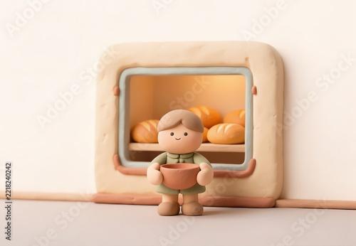 Clay boy holding a terracotta bowl in front of a bakery oven window with fresh baked loaves of bread, warm glowing light, food and daily bread concept