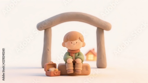 Clay boy with a scarf sitting on a stone under a house-shaped arch beside an open suitcase, with a glowing home in the distance, journey and leaving home concept