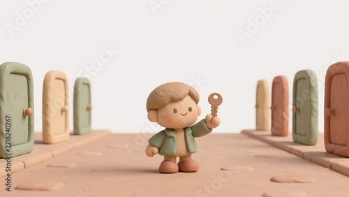 Clay boy in a green jacket holding up a key on a path between rows of colorful doors, choosing a new home, opportunity and new beginning concept with copy space