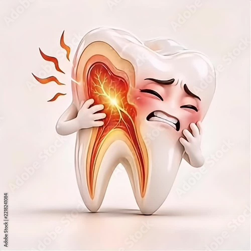 Pulsing tooth pain comes to life in a 3D animation showing inflamed pulp and nerve irritation, clearly visualizing dental inflammation and oral discomfort.