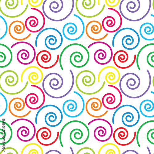A colorful seamless vector illustration featuring playful spiral lines in various colors on a white background.