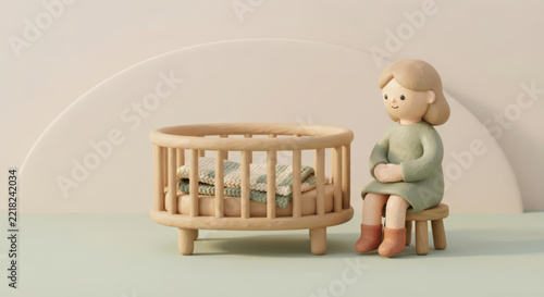 Clay woman sitting on a stool beside an empty wooden baby crib with a folded knitted blanket, waiting for a child, longing for a baby and infertility concept with copy space