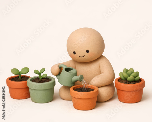 Clay figure watering a pot of soil beside small pots with young sprouts and a succulent, growth, care, patience and new beginnings concept on a light background