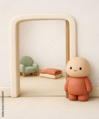 Clay figure standing at an open doorway looking into a quiet room with a green armchair and folded blankets, waiting, threshold and new chapter concept