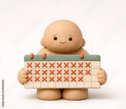Clay figure with a sad hopeful face holding a large calendar with many days crossed out, waiting, passing time and trying to conceive concept on white background
