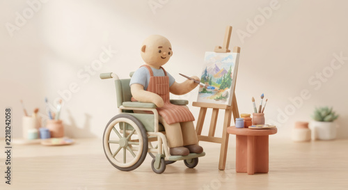 Clay man in a wheelchair painting a mountain landscape on an easel in an art studio, creativity, hobby, disability and inclusion concept with copy space
