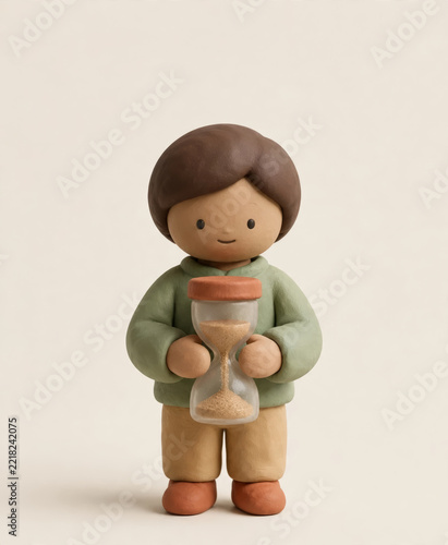 Clay figure in a green sweater holding a small hourglass with sand running down, passing time, waiting and patience concept on a beige background