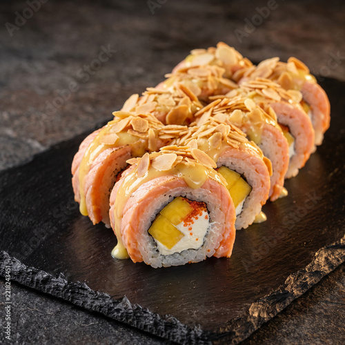 Philadelphia Salmon Sushi Rolls with Cream Cheese and Mango