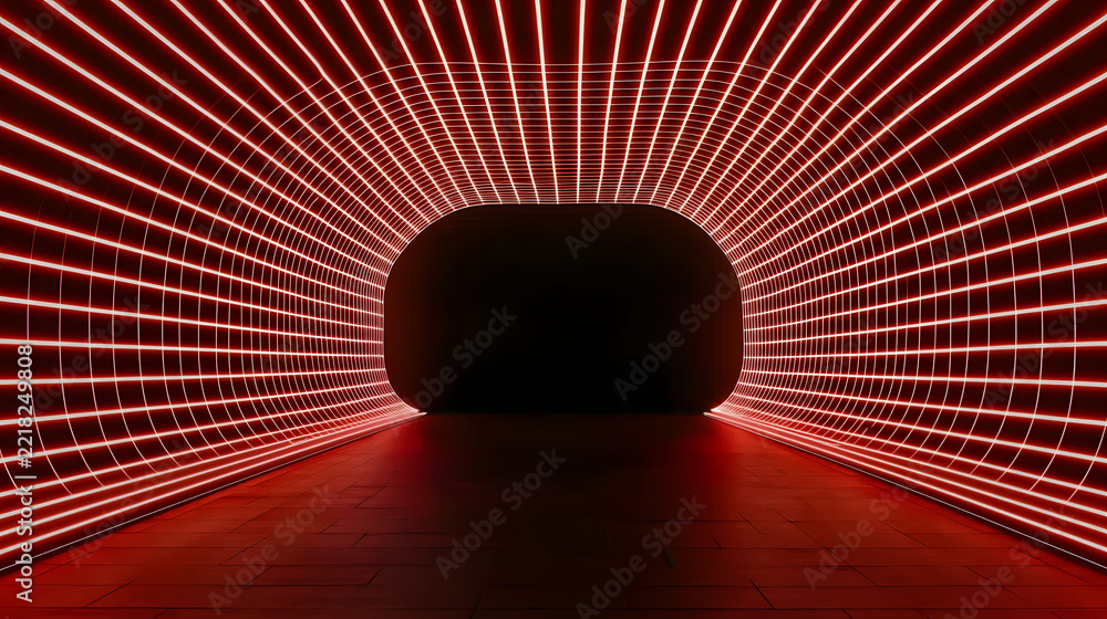 Fototapeta premium Futuristic tunnel illuminated by vibrant red technology lines creates captivating atmosphere 